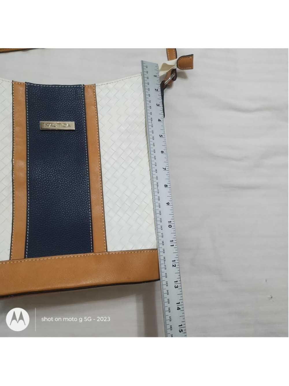 Nautica White Blue Tan Satchel Tote Bag - Picture 5 of 10